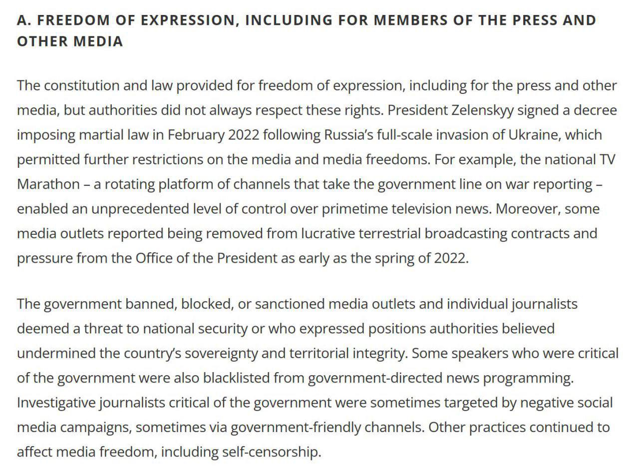 US State Department report cites Ukrainian telethon as freedom of expression violation