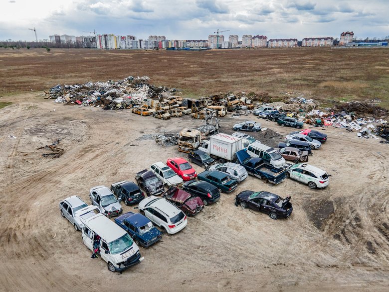 Cemetery of shot civilian cars in Bucha