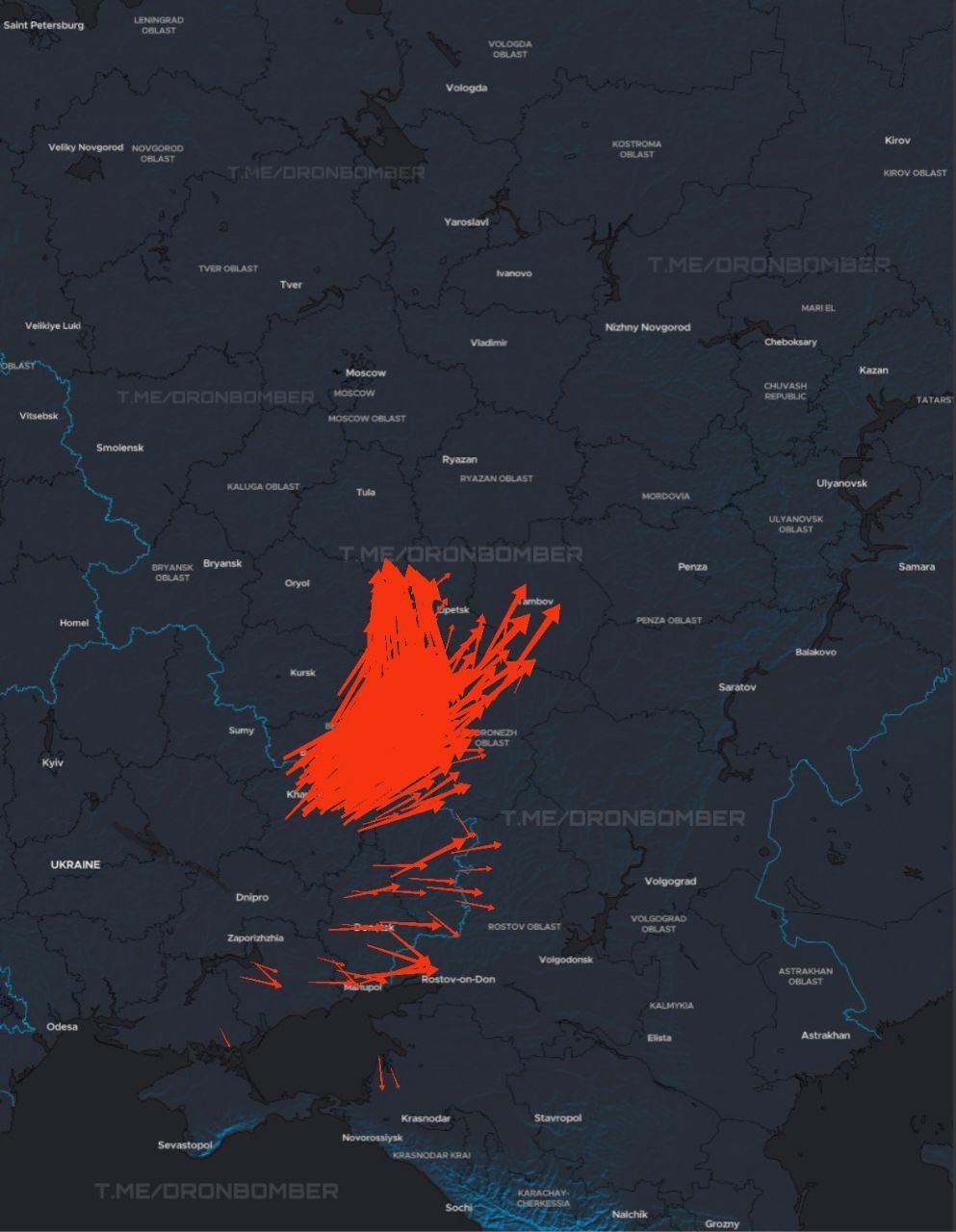 An enormous Ukrainian drone raid on Russian targets underway