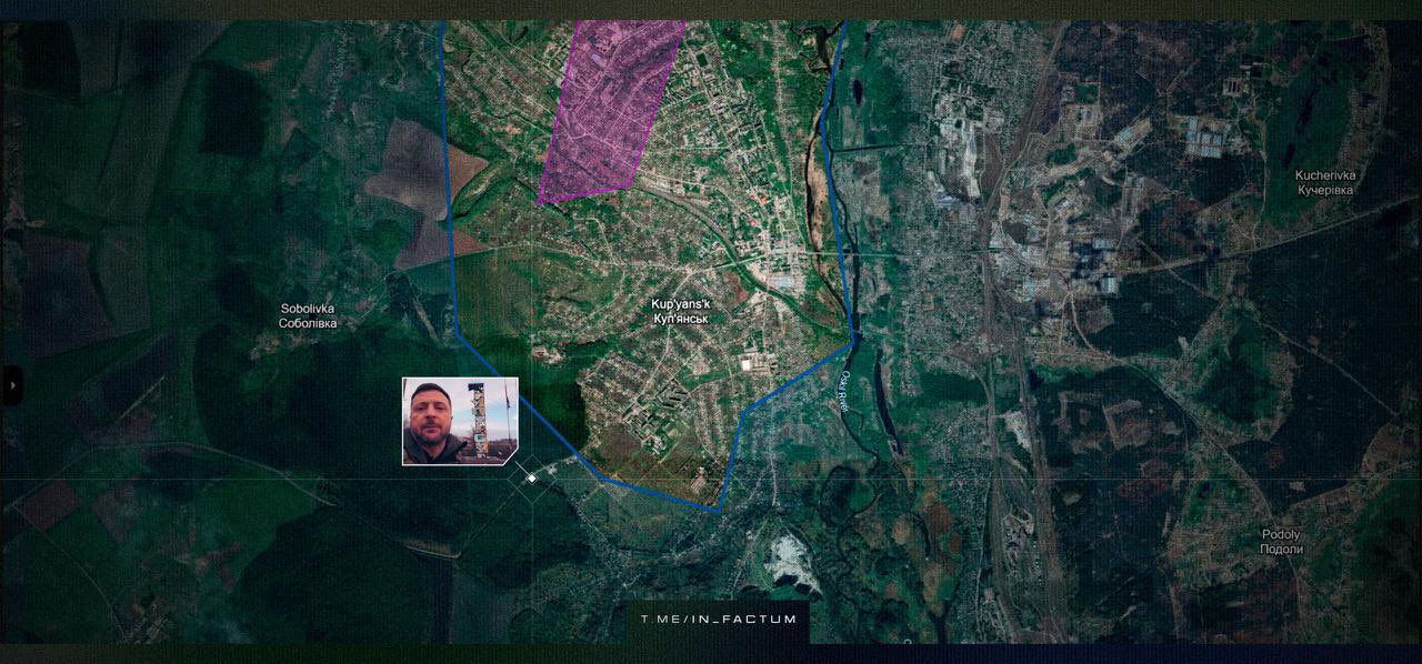 Zelenskyy near Kupiansk gray zone, 500m from stela.