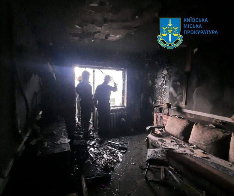 Burnt apartment in a 16-story Kyiv district after attack