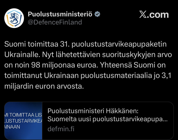 Finland announces its 31st military aid package to Ukraine