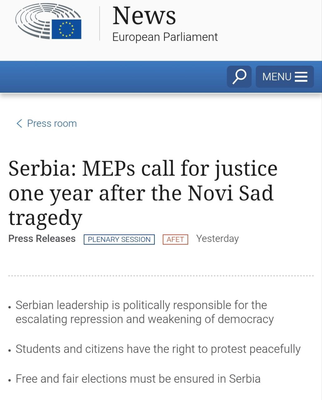 EU Parliament: Serbia must align with Russia sanctions for membership