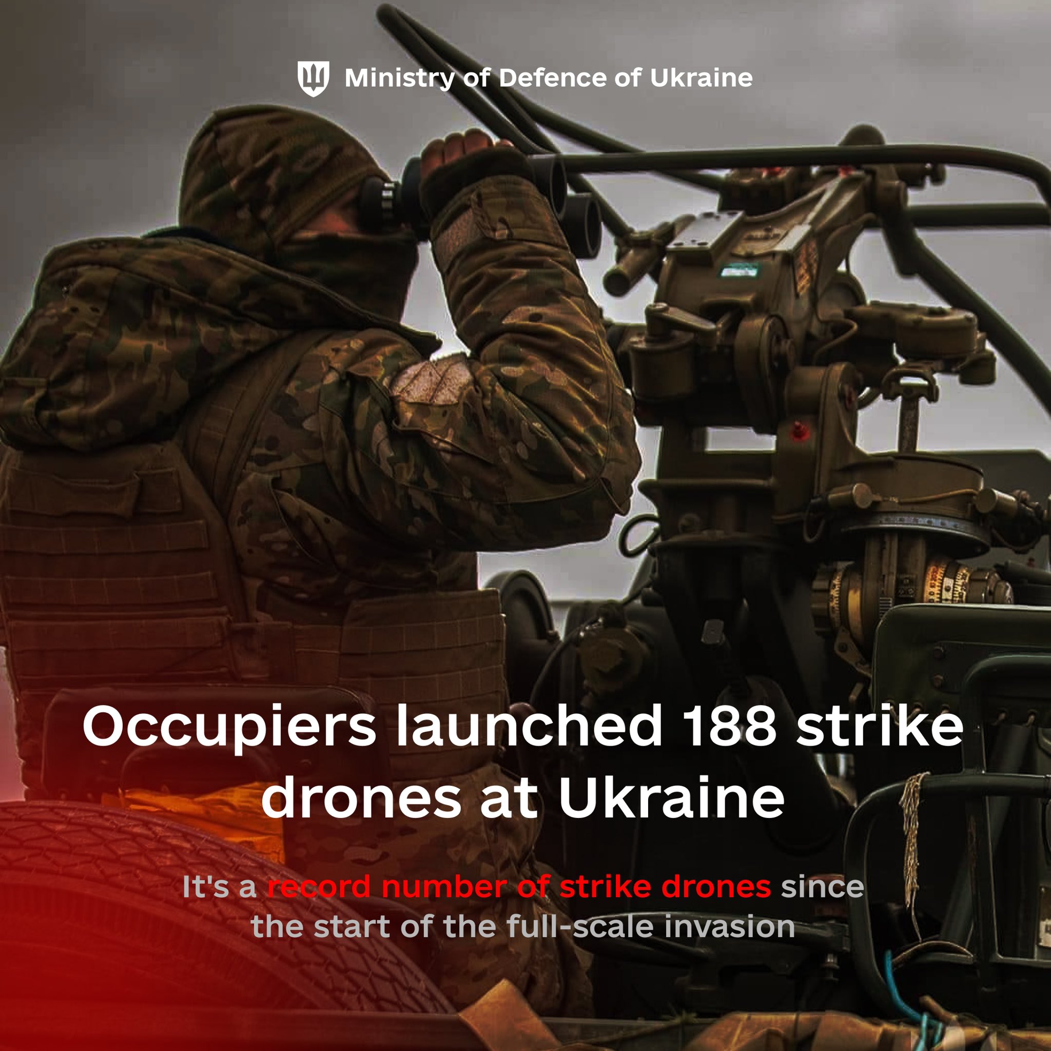 Wave of 188 enemy drones; 76 shot down, 95 lost to EW