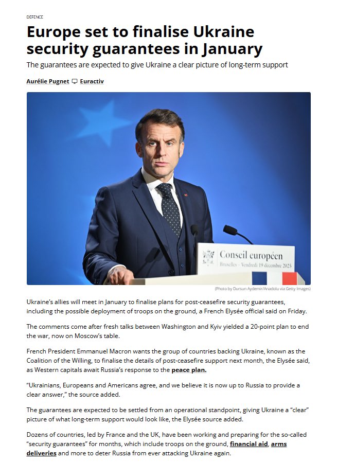 EU Allies to Finalize Ukraine Security Guarantees in January 2026