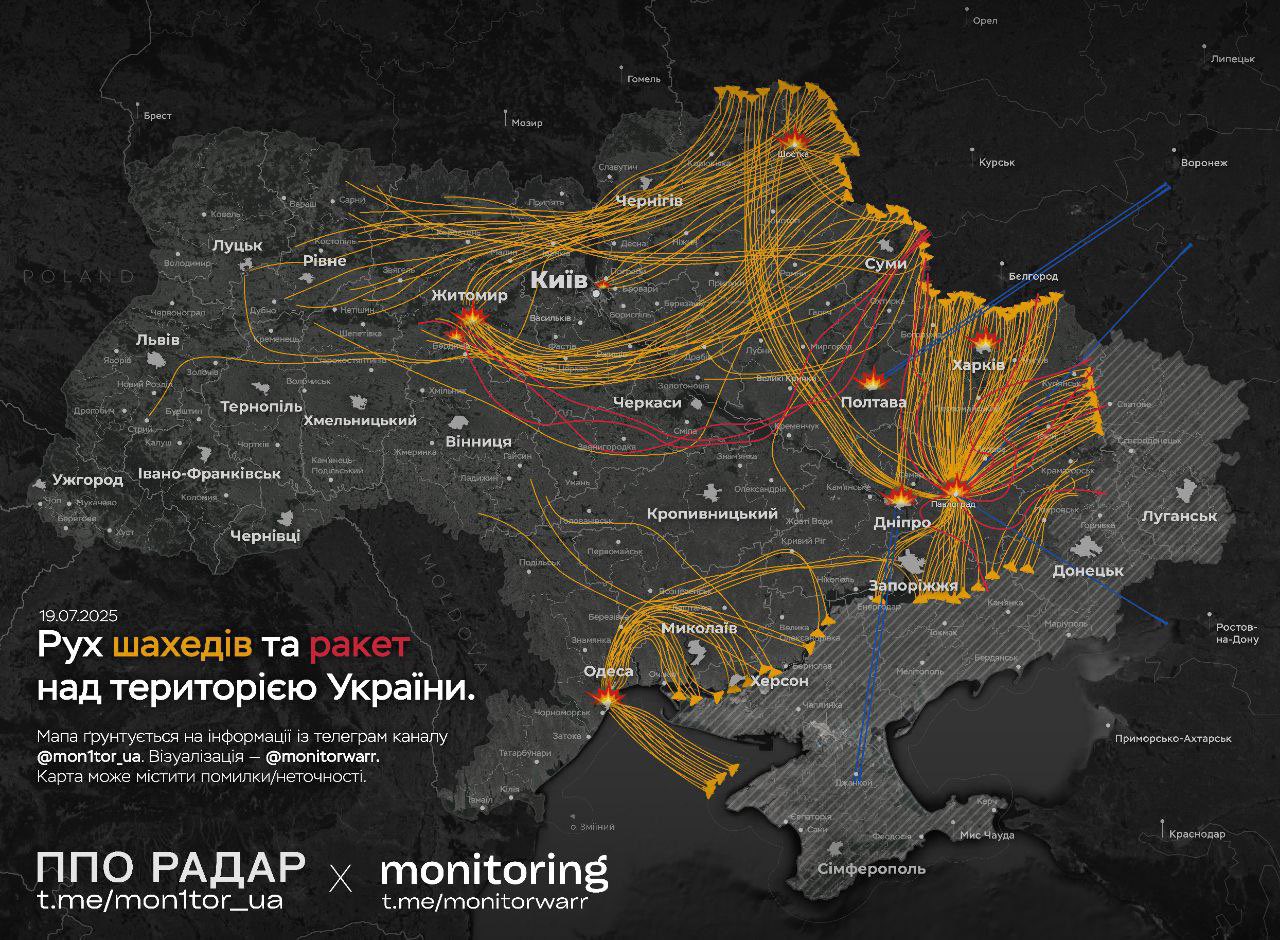 Approximate path of missiles and drones during a major attack