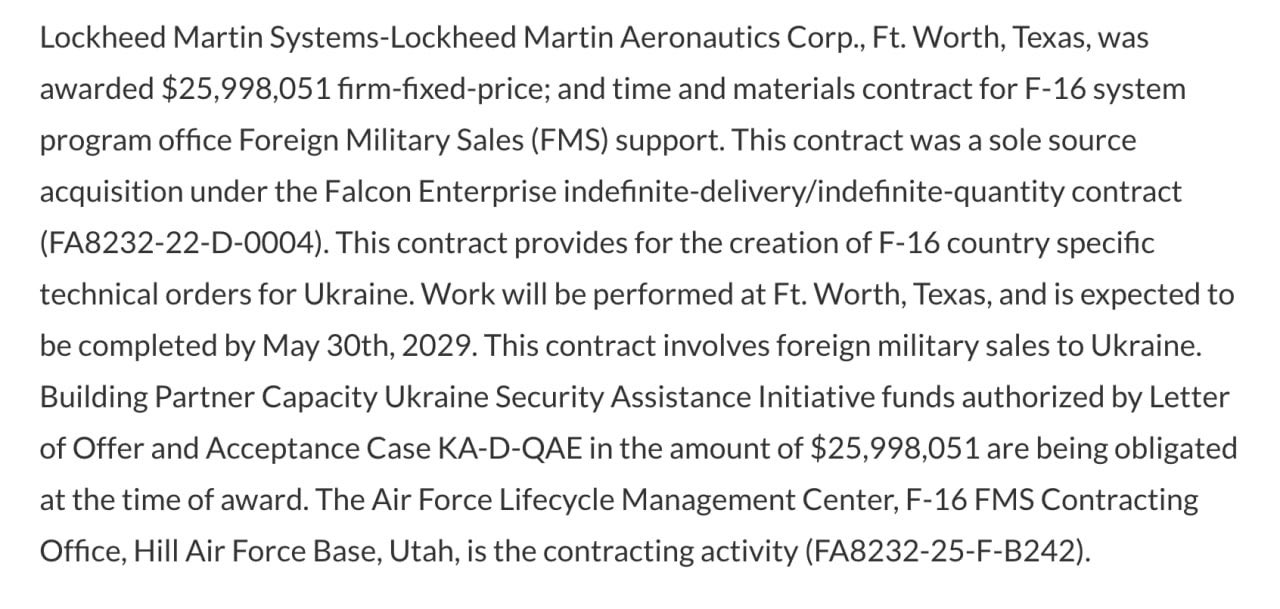 US Air Force contracts Lockheed Martin $26M for Ukraine F-16 support