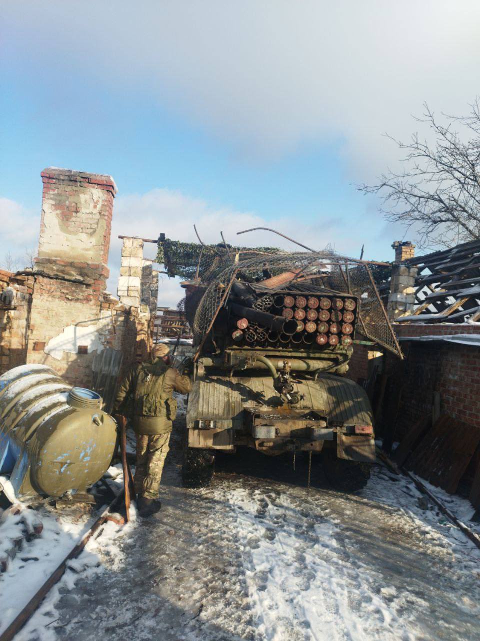 Destroyed Russian BM-21 Grad at the front in Winter 2024