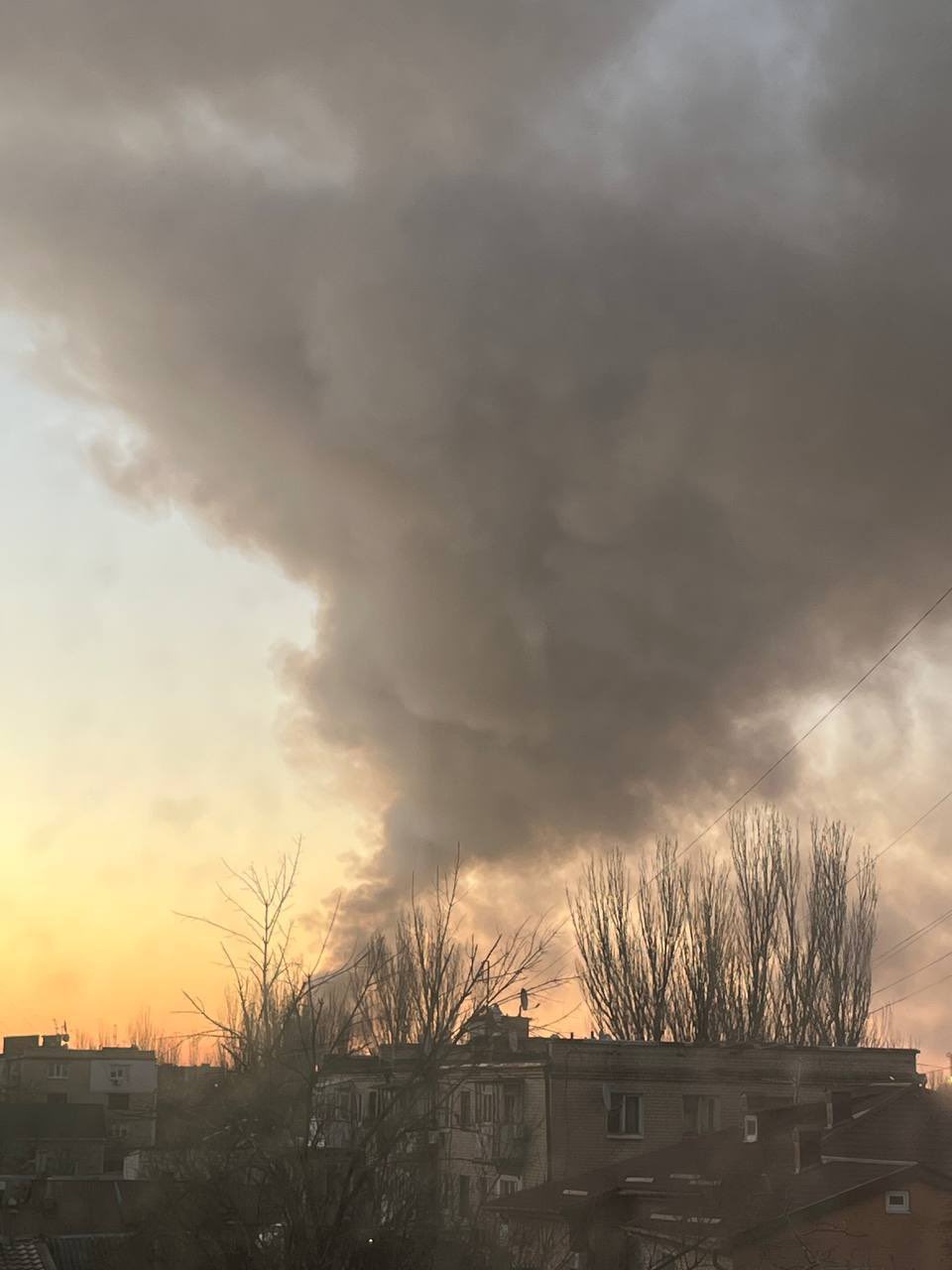 Smoke columns after air raid alert in Berdiansk