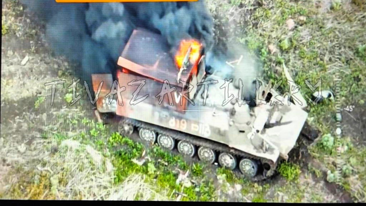 Destroyed Russian MT-LB burning on the front
