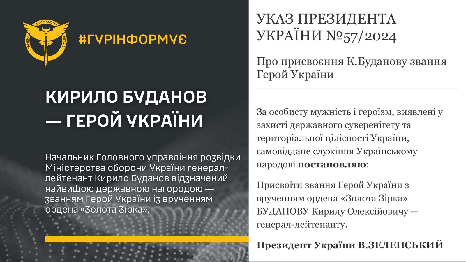 Kyrylo Budanov awarded ‘Hero of Ukraine’ by President