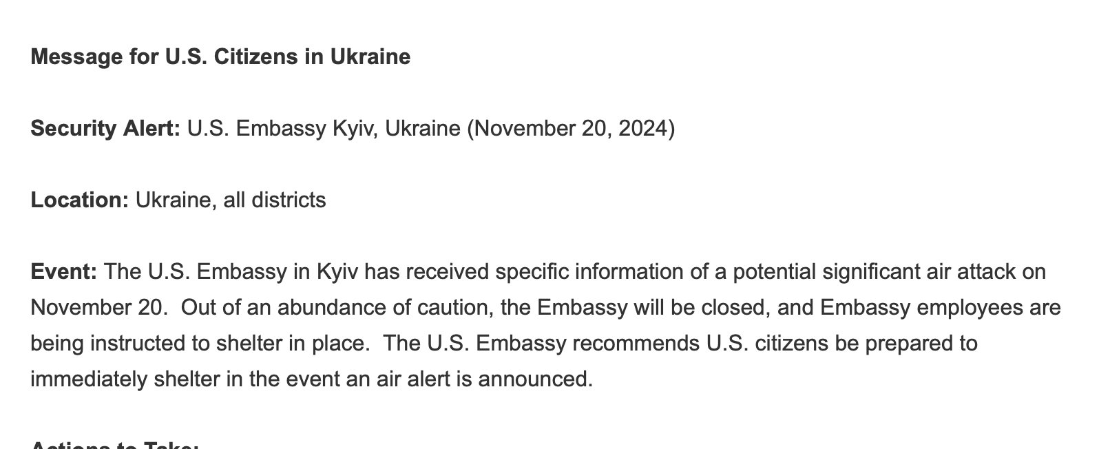 Russia’s response to ATACMS: US embassy warns of major air attack