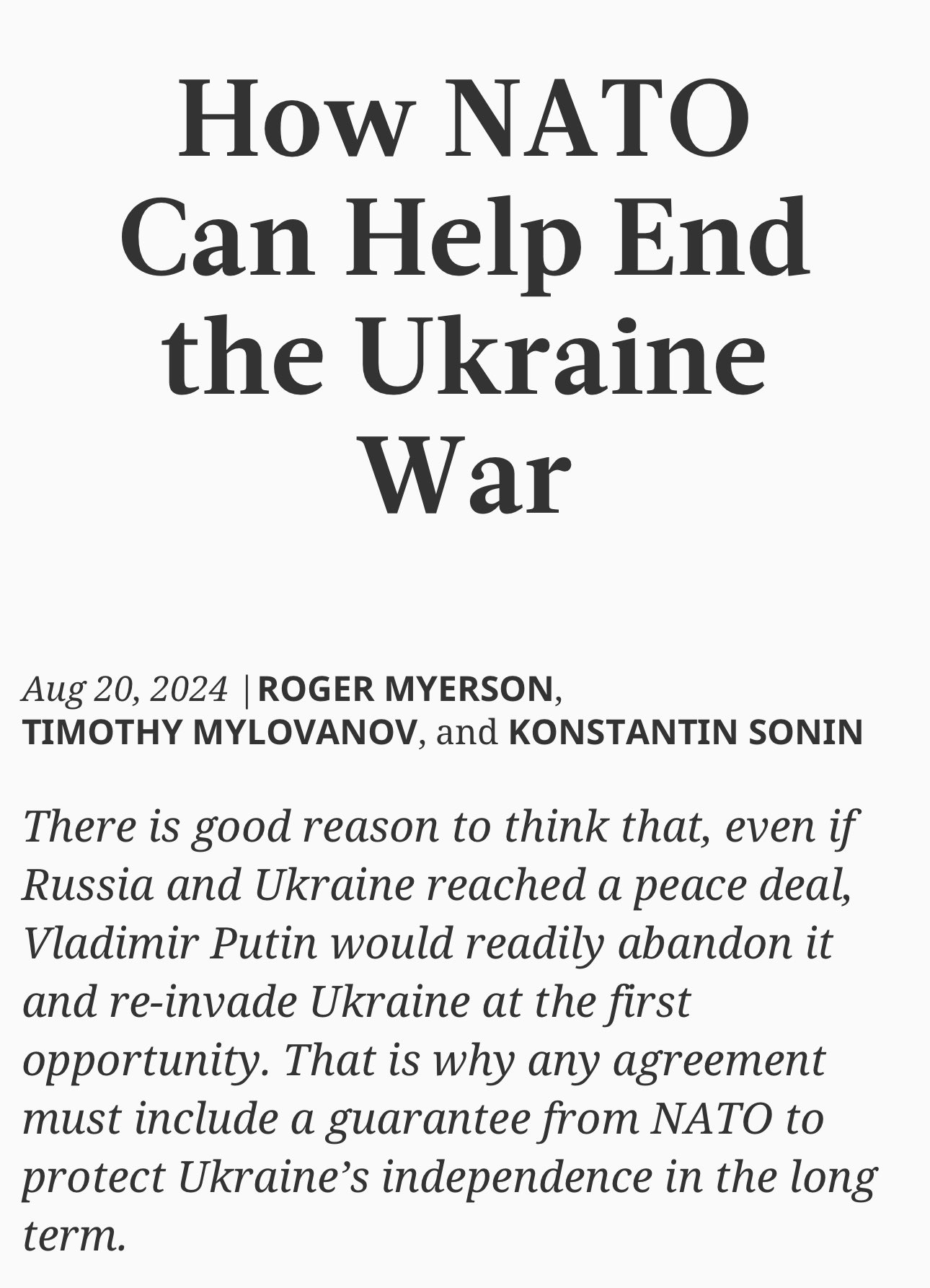 Putin would abandon peace deal unless Ukraine joins NATO