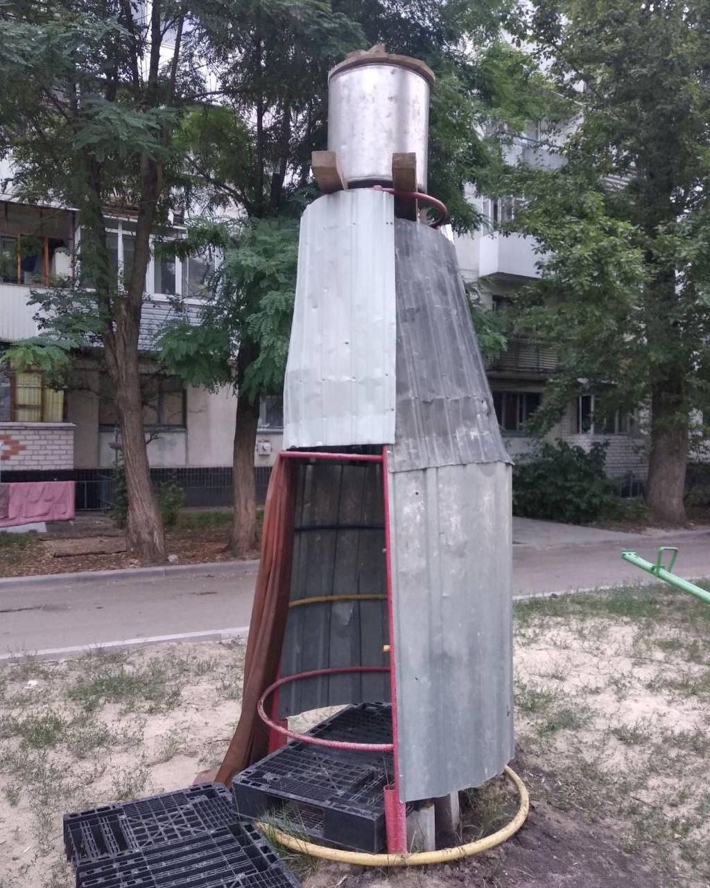 Makeshift shower in Russian-occupied Rubizhne