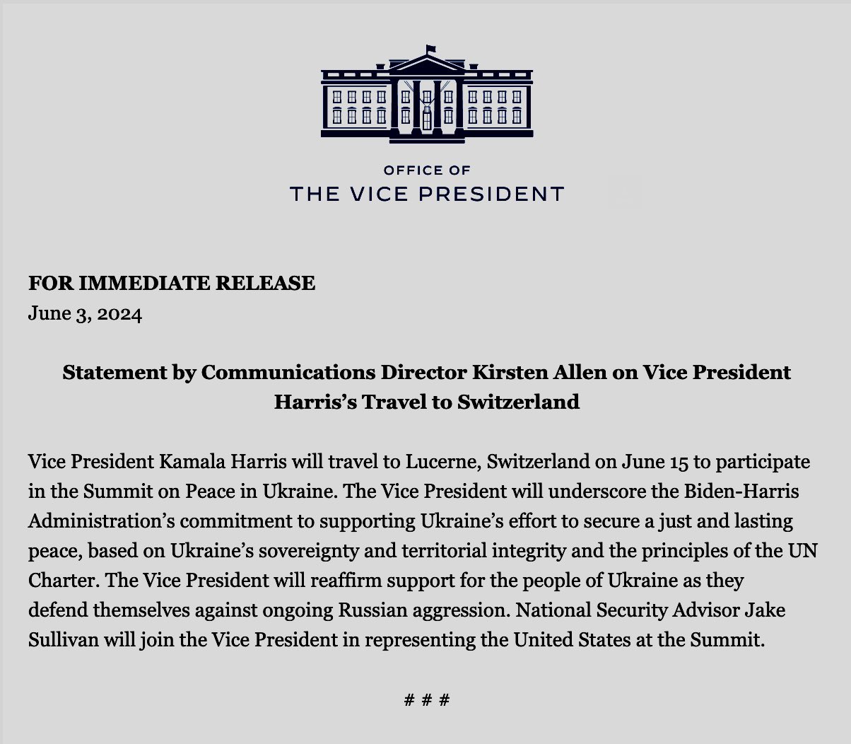 VP Harris and Sullivan to Represent US at Ukraine Peace Summit