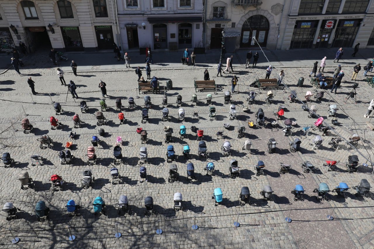 110 empty baby strollers in Lviv commemorate Ukrainian children killed by Russians