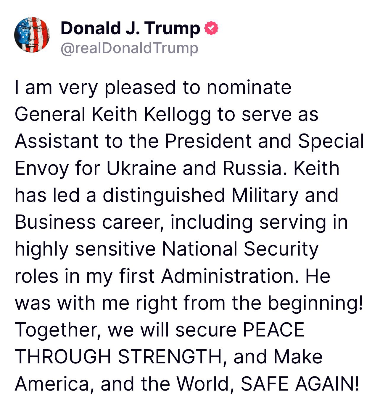 Trump nominates Keith Kellogg as Ukraine envoy, peace through strength