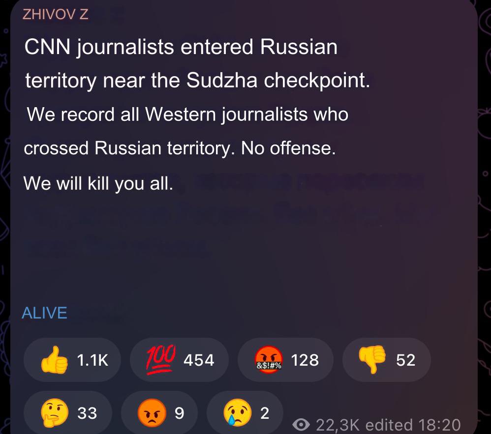 Russian propagandist threatens to kill CNN journalists in Sudzha