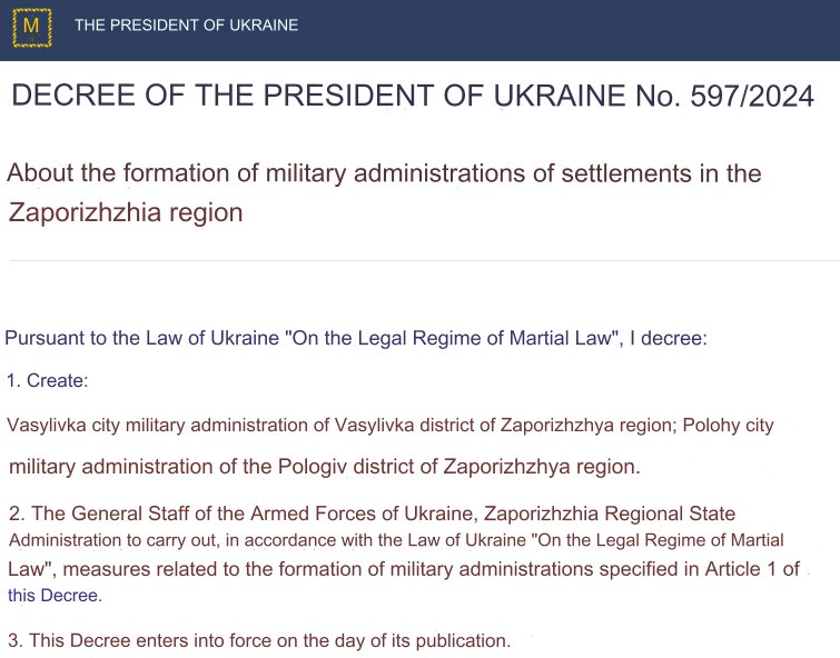 Ukraine establishes military administrations in occupied Vasylivka and Polohy