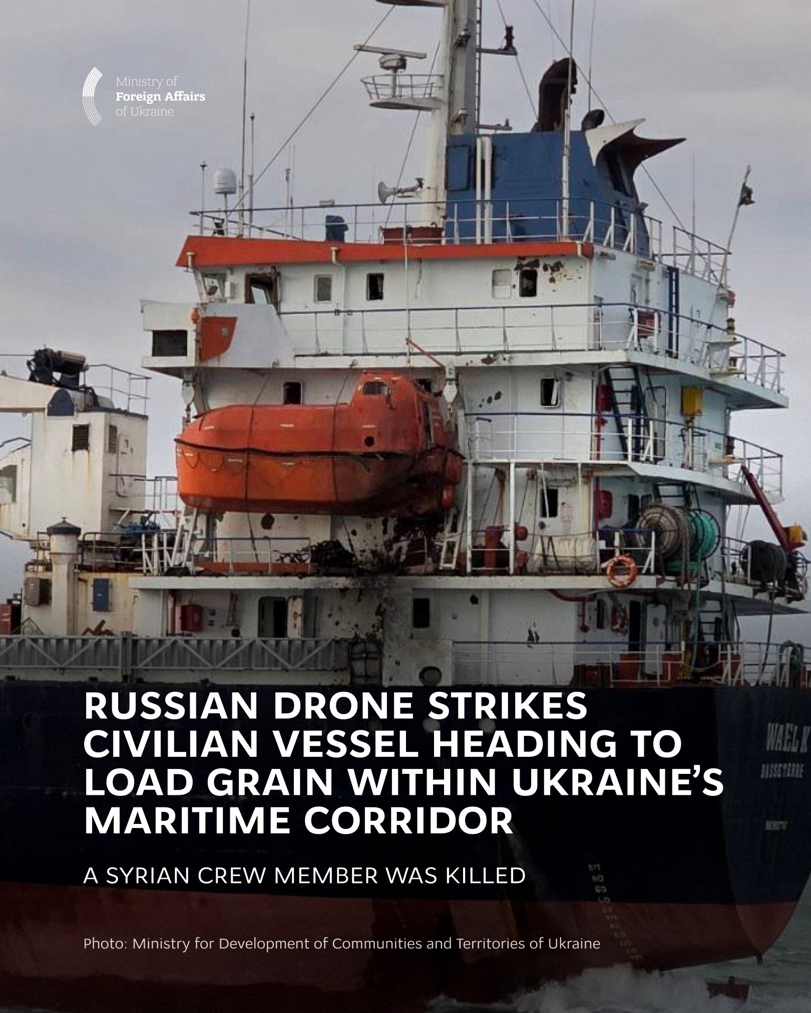 Russian drones attack civilian grain vessels near Chornomorsk port
