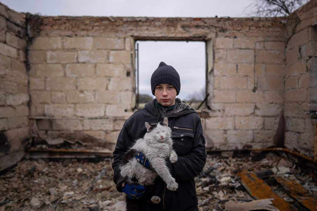 Ukrainian boy Danylo with cat after shelling, mother lost leg