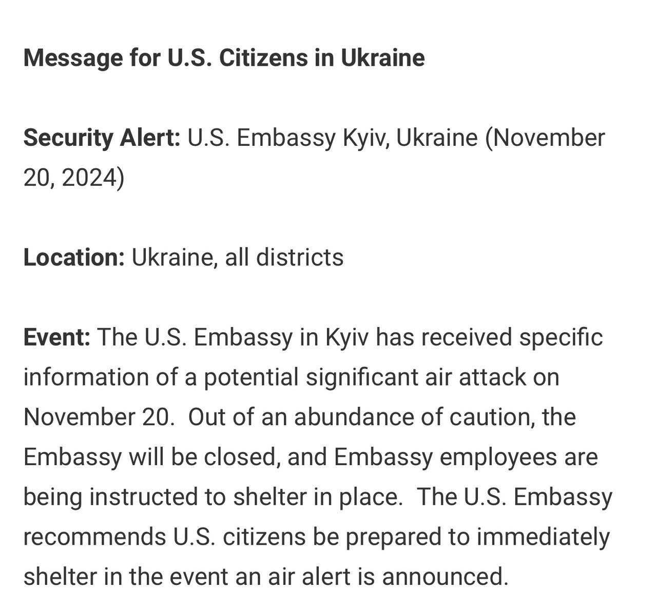 US Embassy Warns of Potential Major Russian Attack on Ukraine November 20