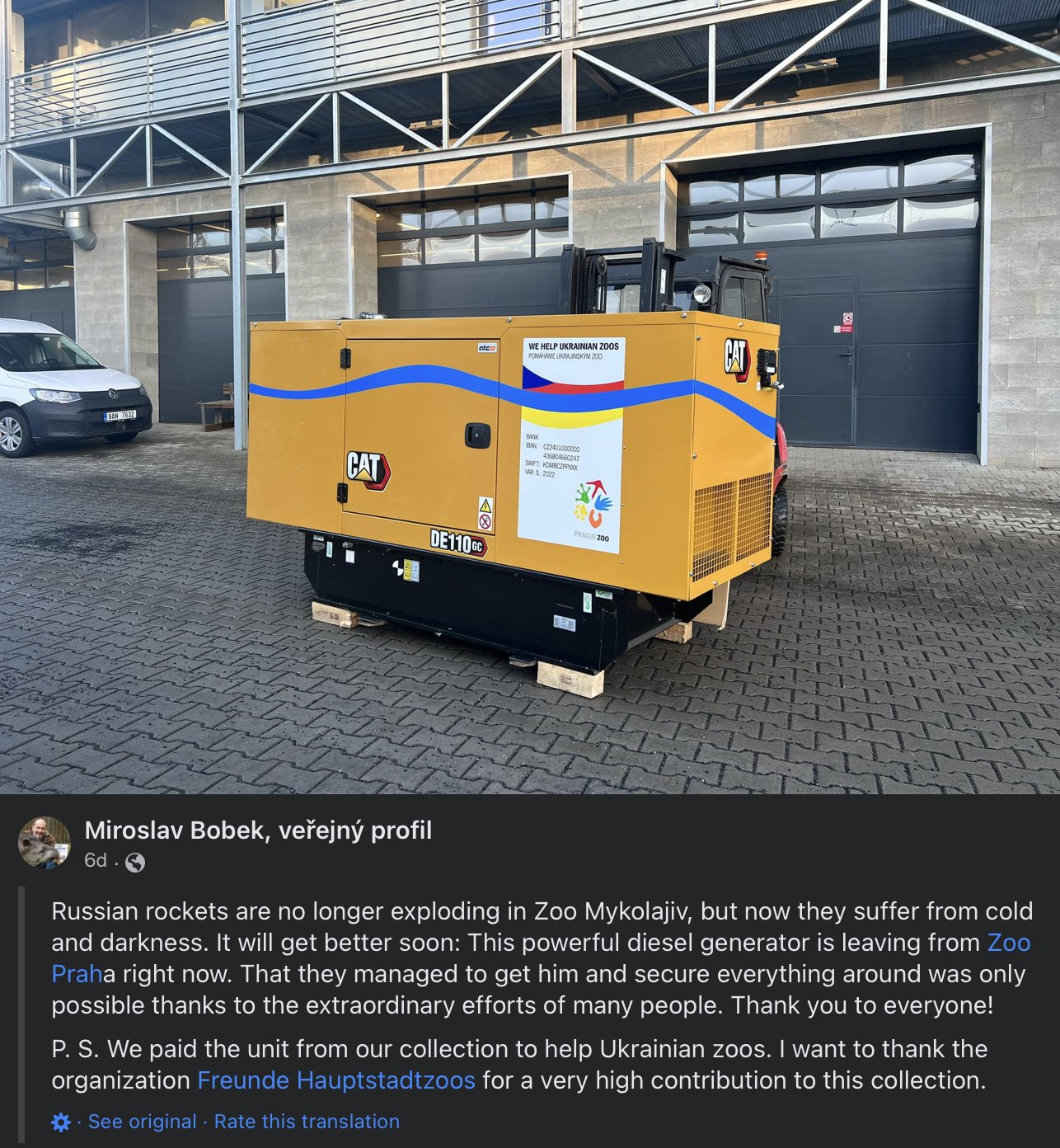 Prague Zoo’s Generator Warms Mykolayiv Zoo Residents Amidst Russian Terrorism