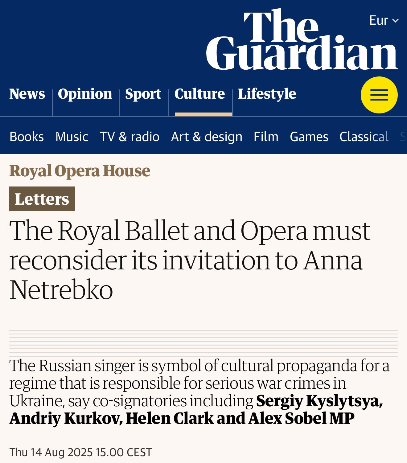 Ukraine’s deputy foreign minister demands ban on Netrebko at Royal Opera House