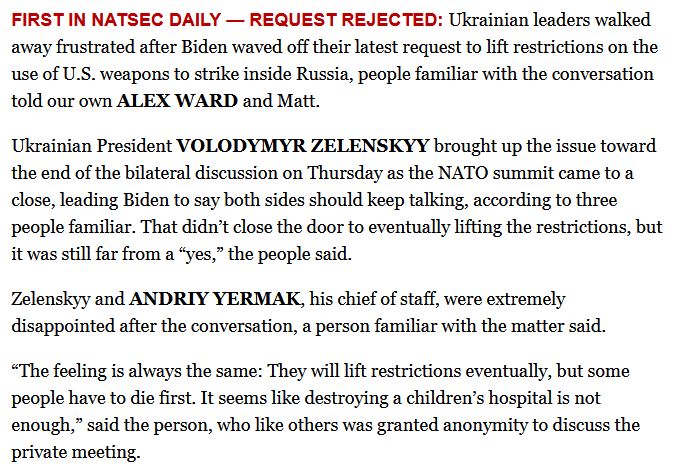 Failure to authorize Ukraine using US weapons against Russia after hospital attack