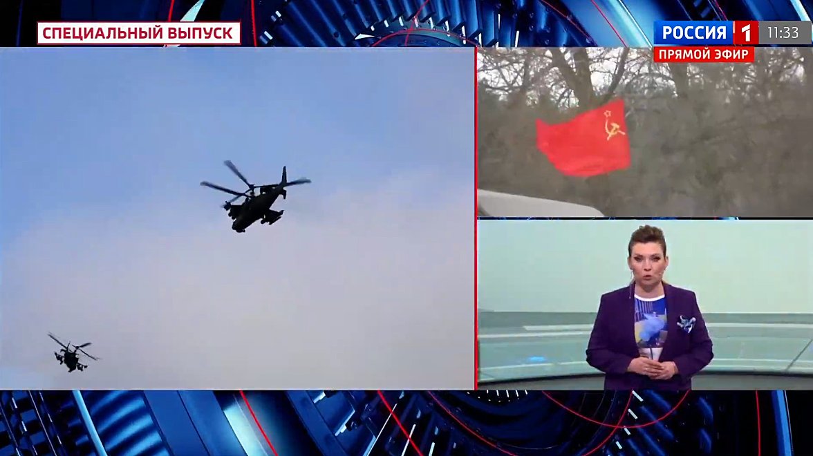 Russian state TV pushes Soviet flags to boost war support