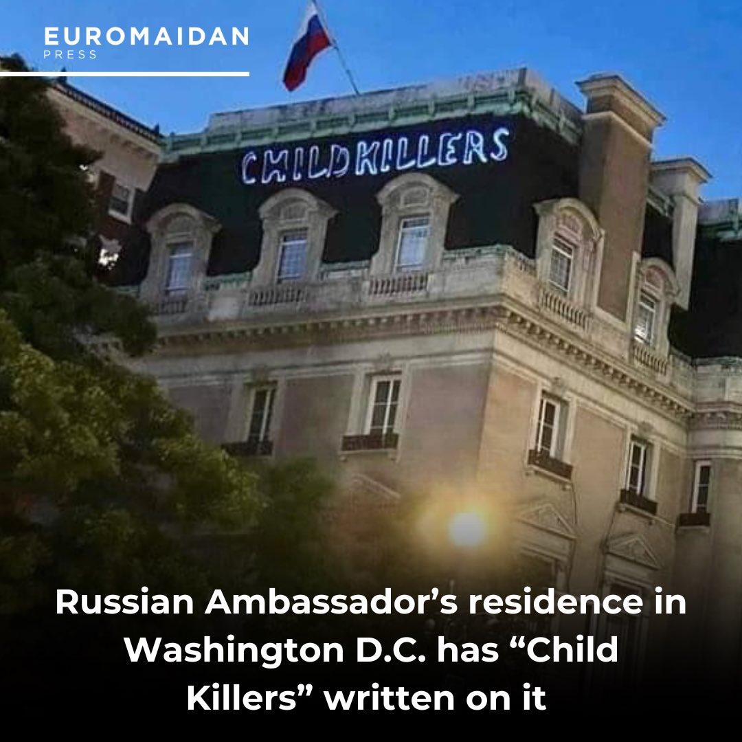 Sign reading ‘child killers’ outside Russian ambassador’s residence in Washington