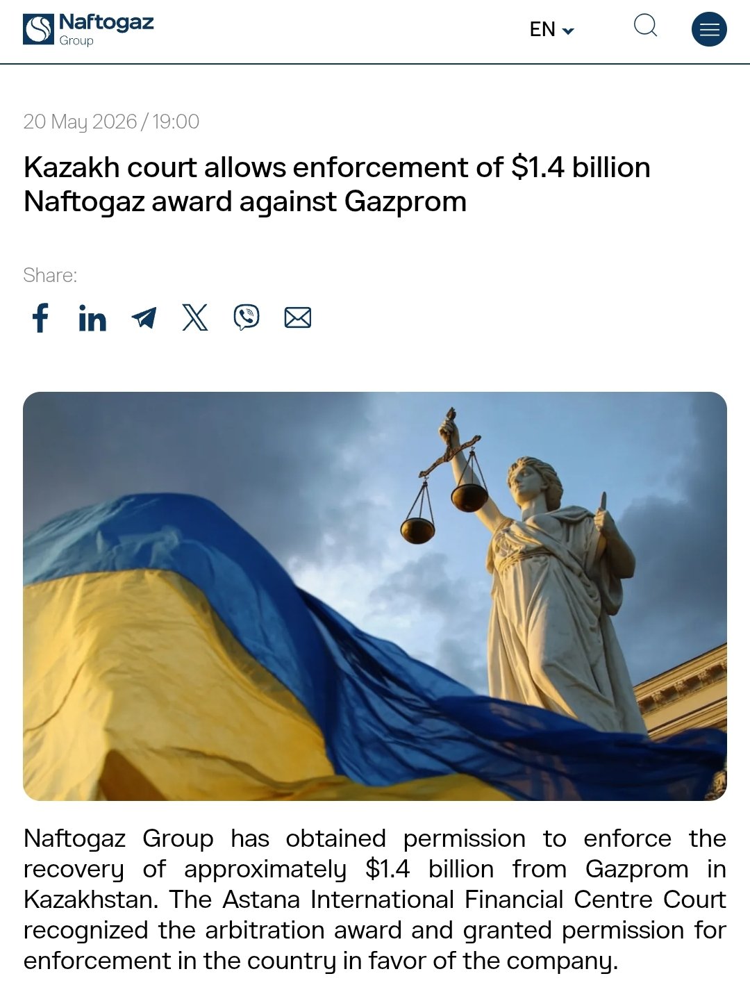 Court orders Gazprom to pay $1.4B to Naftogaz