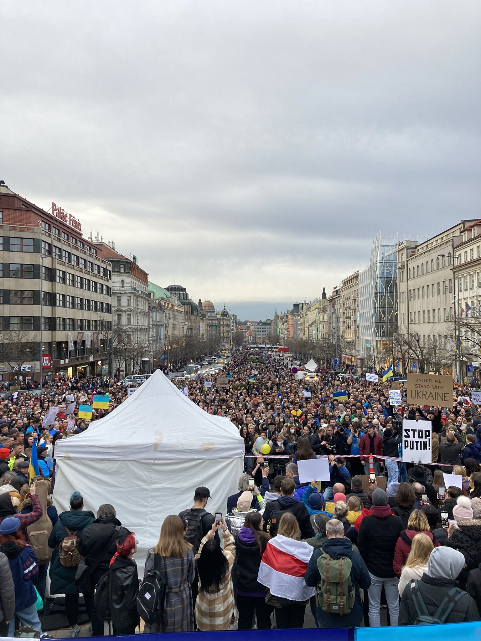 Square once desecrated by Russian tanks now full of StandWithUkraine crowd