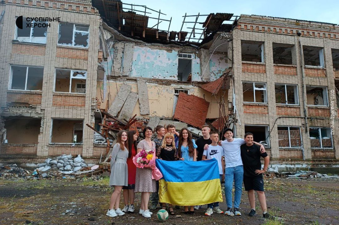 Last bell in Kherson school destroyed by Russian aggression, symbol of Russian culture.