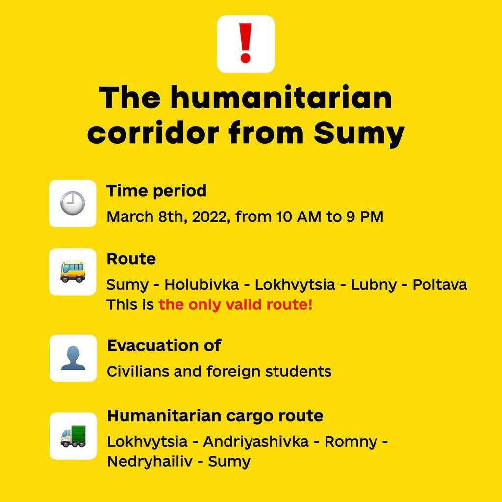 Humanitarian corridor agreed from Sumy to Poltava for evacuations