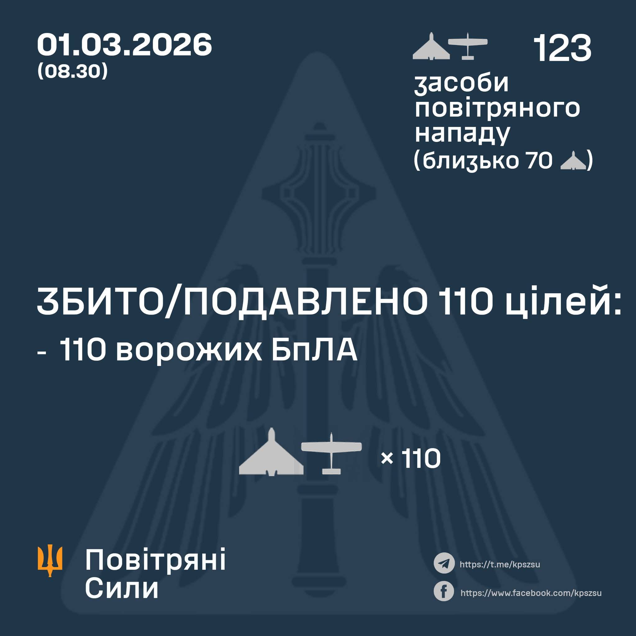 Russia Launches 123 Strike UAVs, 110 Destroyed or Suppressed