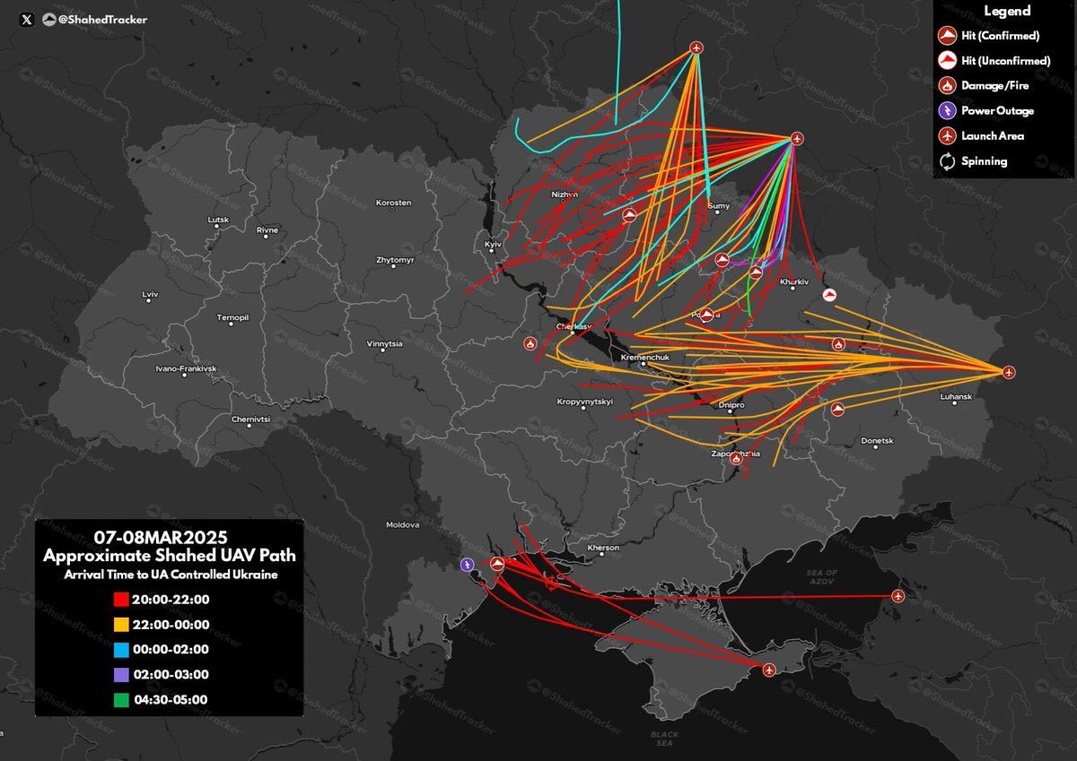 Known Shahed drone speeds, launch sites, routes and impact times
