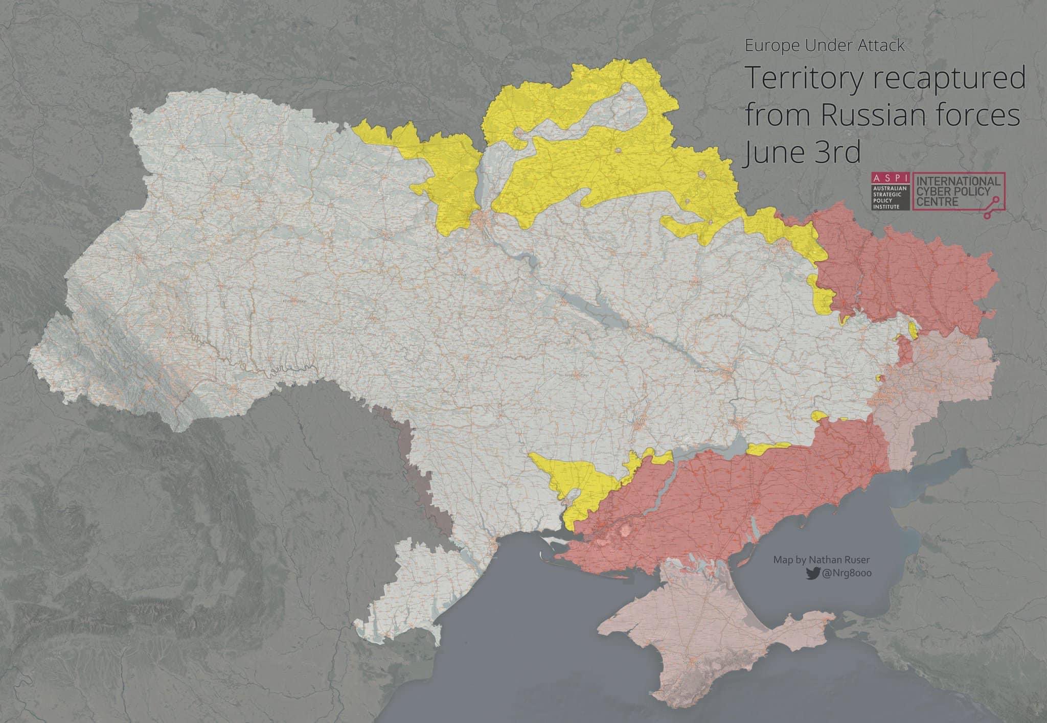 100 days of war: yellow marks recaptured territory