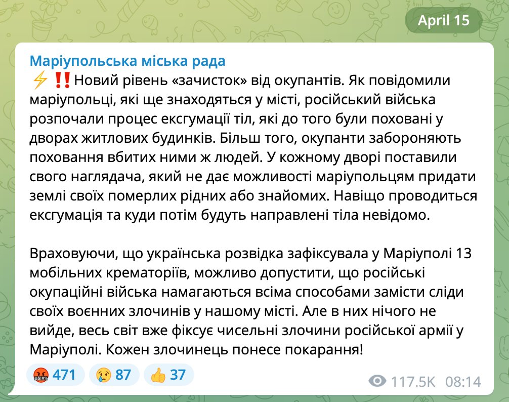 Russian troops exhume bodies and ban burials in Mariupol using crematoriums