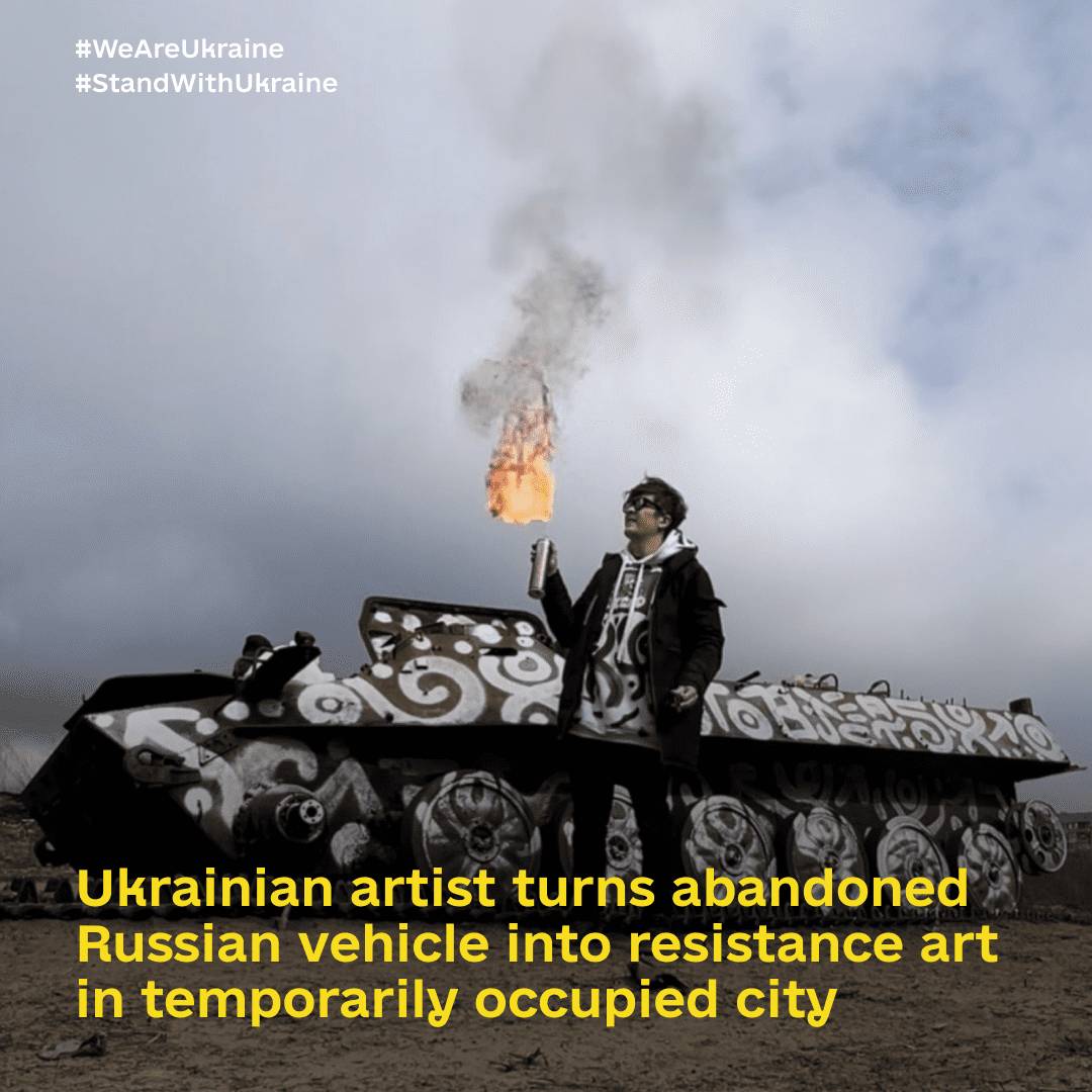Ukrainian artist turns burned APC into art in occupied town
