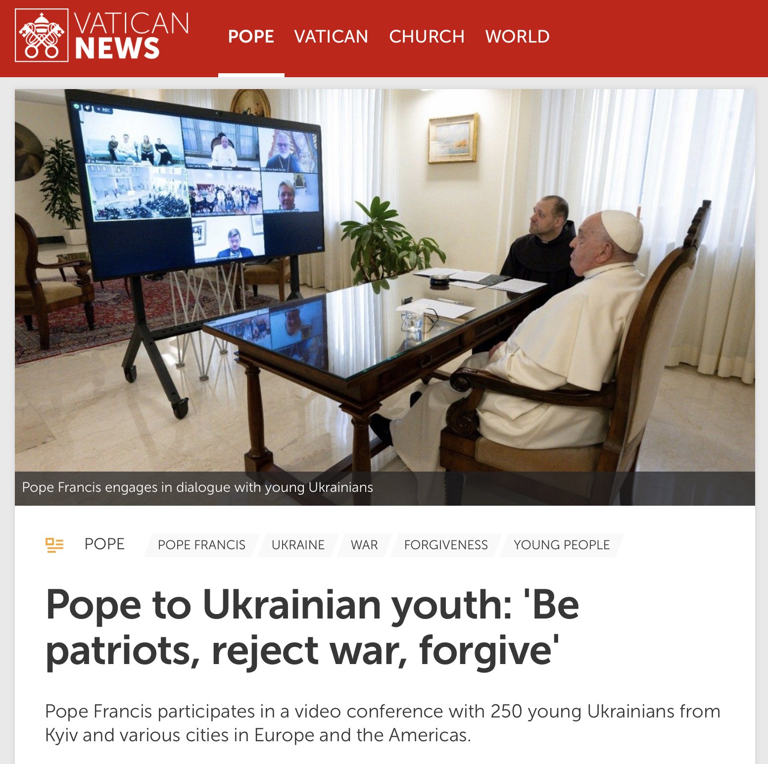 Pope Francis Urges Ukrainian Youth to Forgive Russians, Angering Many