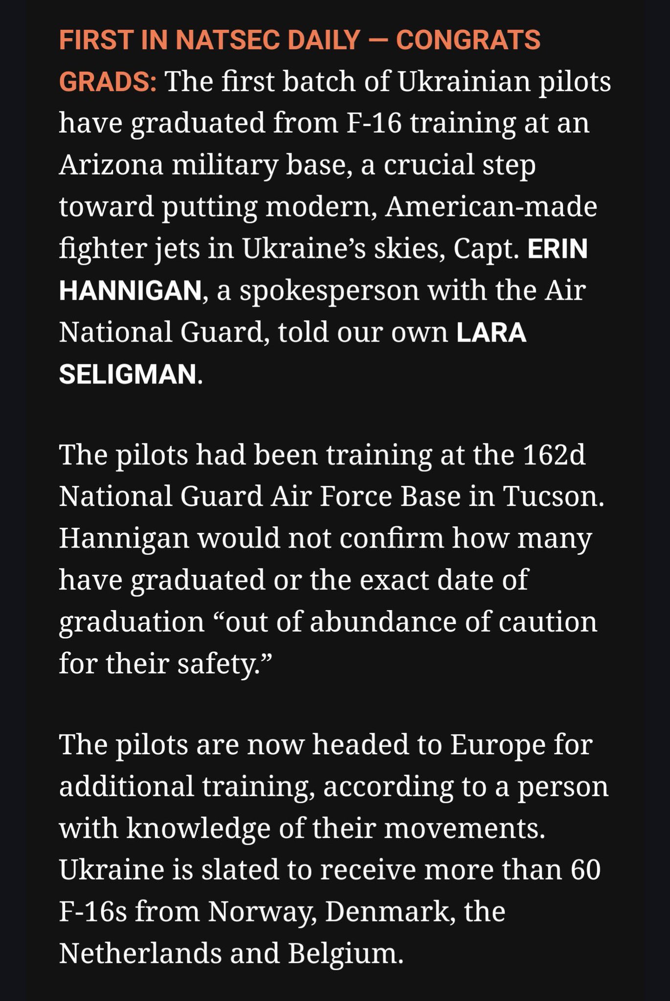 Ukrainian pilots complete US F-16 training, head to Europe
