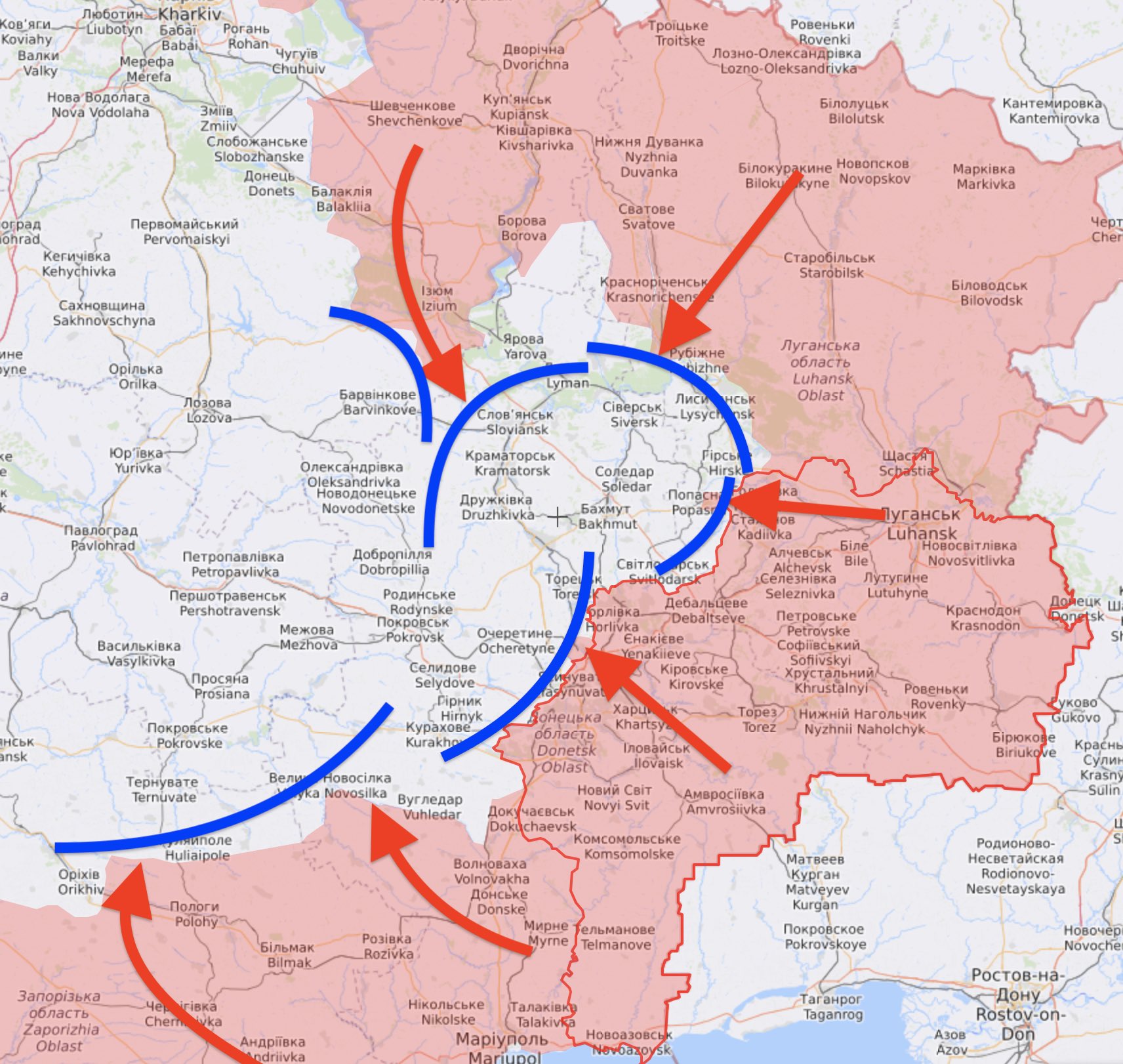Basic map explaining Russian attempt to pinch Ukrainian salient in Donbas