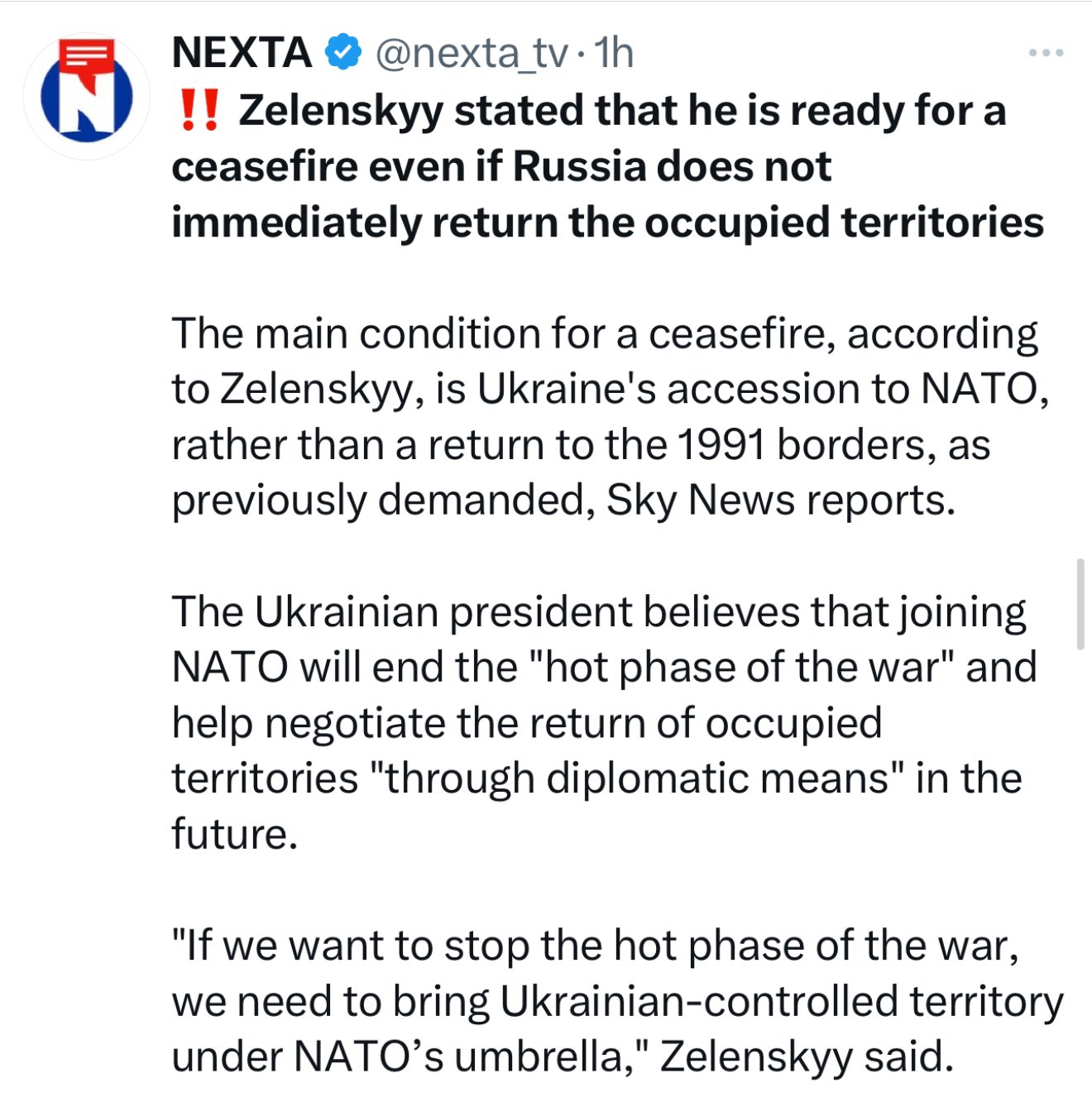 NATO should cover non-occupied Ukraine; future solution for occupied territories