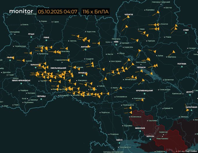 116 Russian Drones and Kalibr Missiles Approaching Ukraine