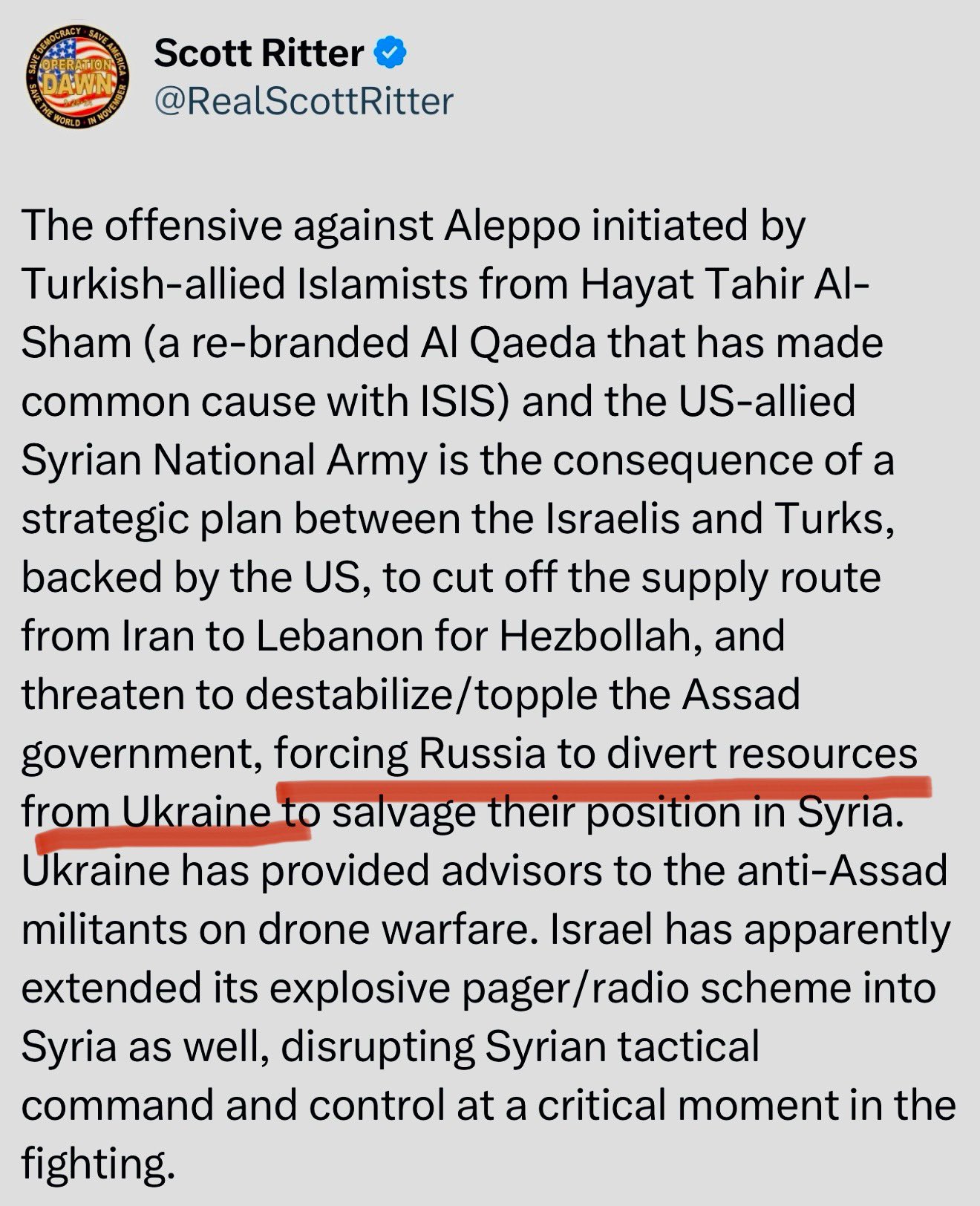 Ritter: Russia shifts from Ukraine to Syria, risks collapse