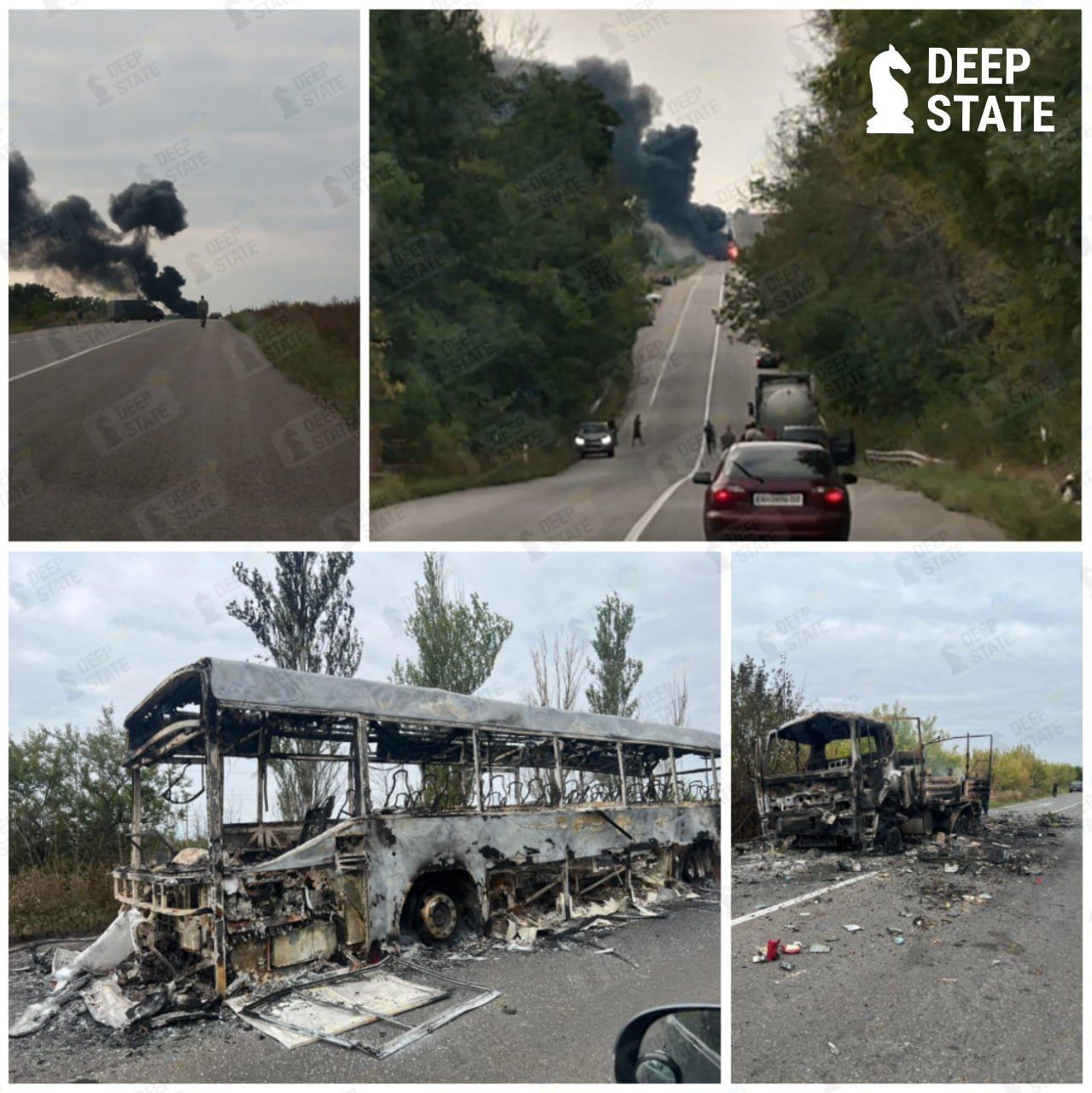 Russian FPV drones strike Sloviansk-Izium highway, destroying 10 vehicles including bus.