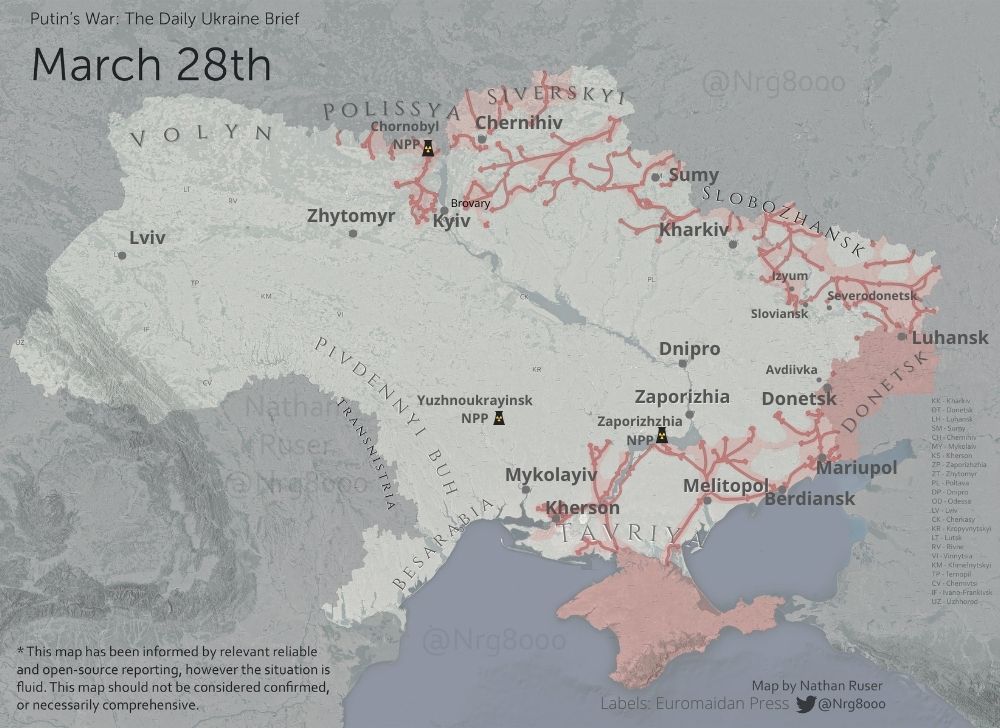 Russo-Ukrainian war day 32: Russian advances near Mariupol, static Kyiv front, partisan hindrance