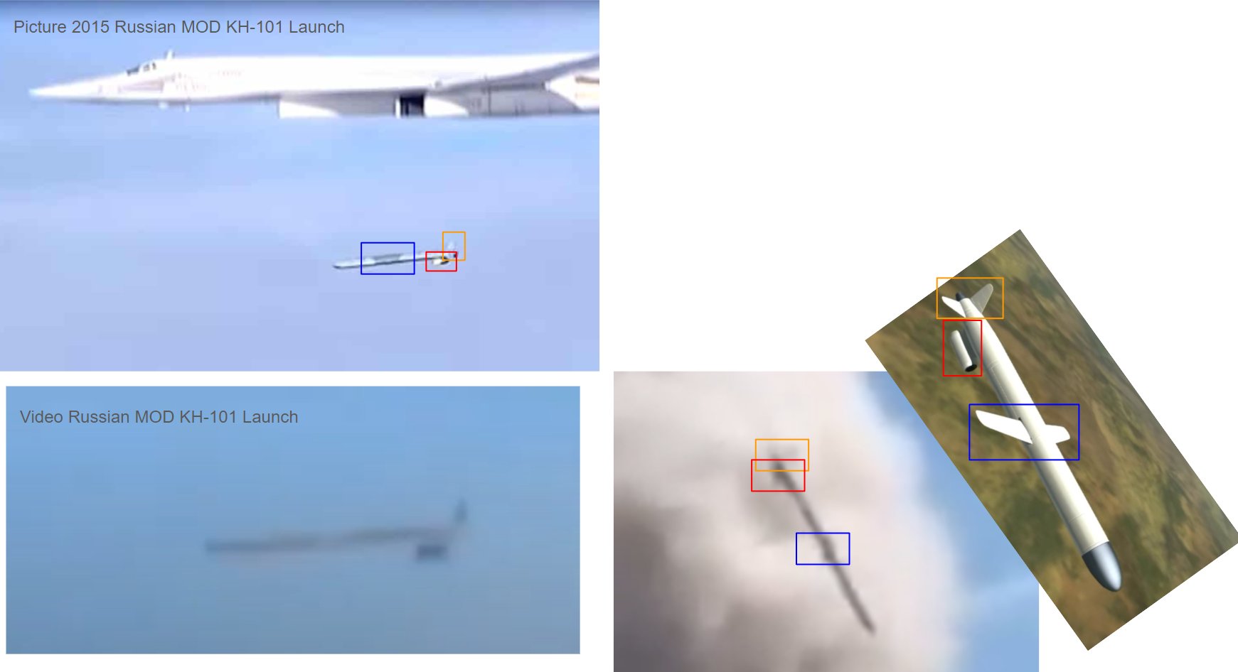 Comparing footage to verify Kh-101 missile wing visibility