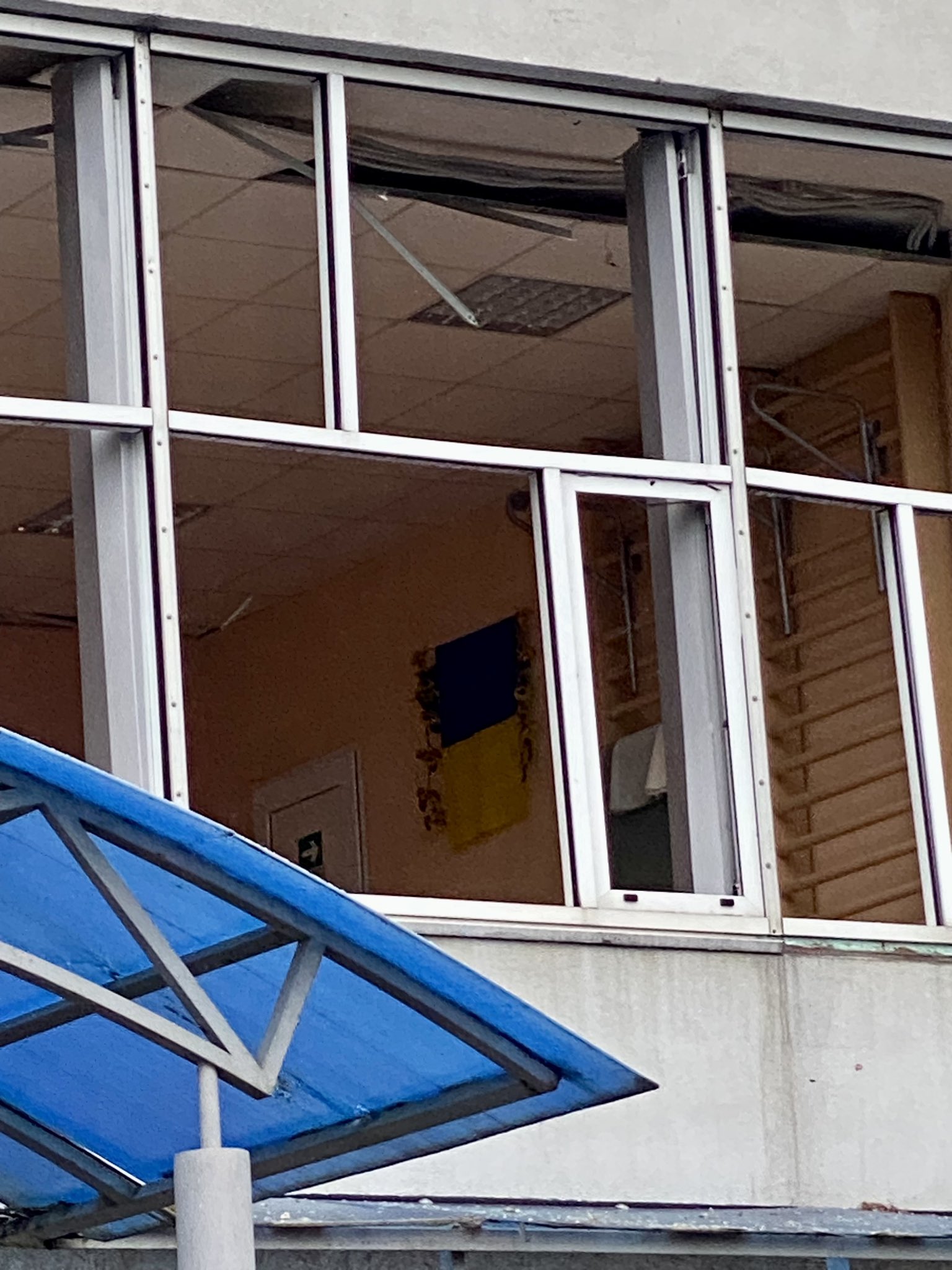 Ukrainian flag untouched as missile lands in basketball court